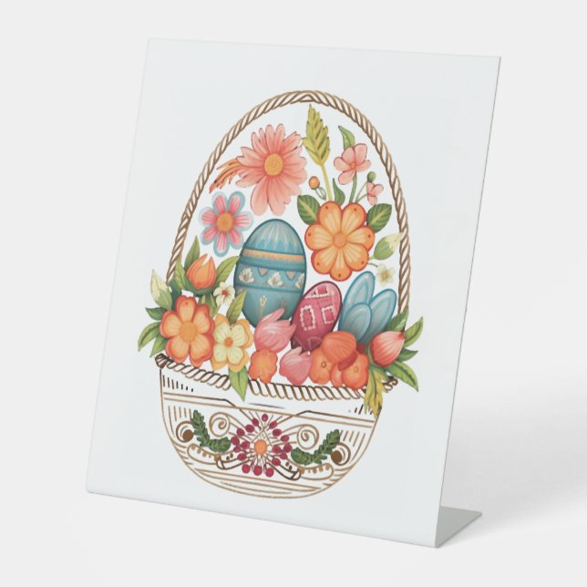 Easter Day Easter Egg Basket Spring Flowers   Pedestal Sign (Front)