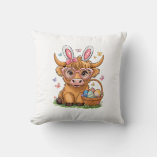 Easter Day Highland Cow Cute Easter Bunny Farmer W Throw Pillow