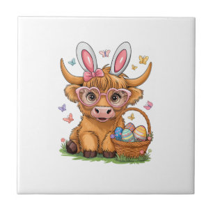 Easter Day Highland Cow Cute Easter Bunny Farmer W Tile
