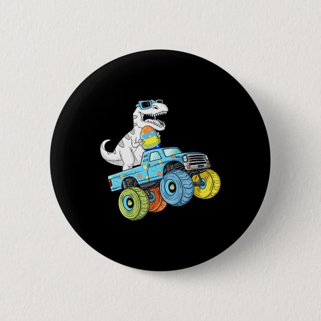 Easter Day T Rex Dino Riding A Monster Truck Boys  2 Inch Round Button (Front)