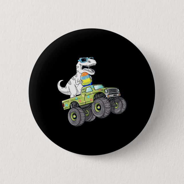 Easter Day T Rex Dino Riding A Monster Truck Boys  2 Inch Round Button (Front)