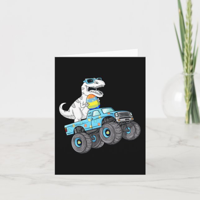 Easter Day T Rex Dino Riding A Monster Truck Boys  Card (Front)