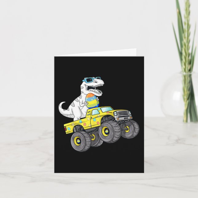 Easter Day T Rex Dino Riding A Monster Truck Boys  Card (Front)