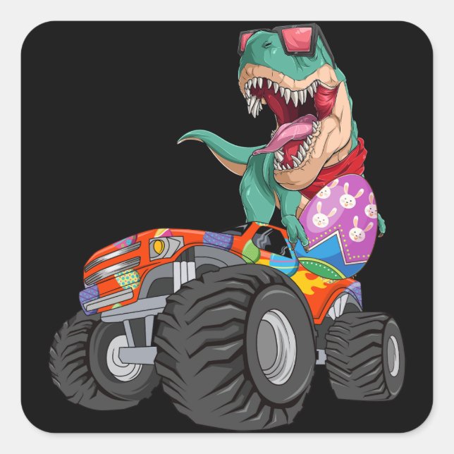 Easter Day T Rex Dino Riding A Monster Truck Boys Square Sticker (Front)