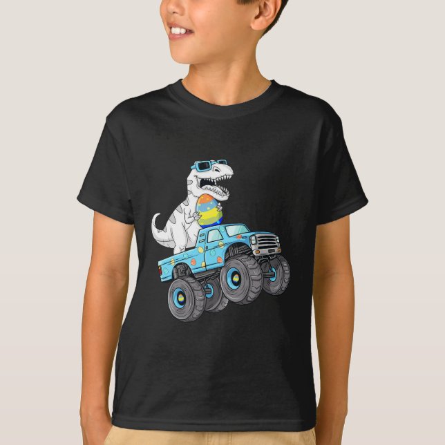 Easter Day T Rex Dino Riding A Monster Truck Boys  T-Shirt (Front)
