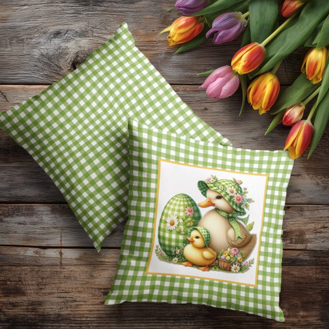 Easter Ducks Easter Egg & Flowers on Green Gingham Throw Pillow (Creator Uploaded)
