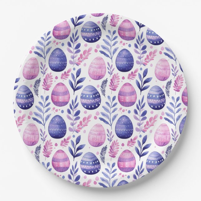 Easter Egg and Foliage Pattern Lilac PInk Purple Paper Plate (Front)