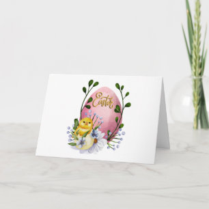 Easter Egg, Baby Chick and Spring Flowers  Card