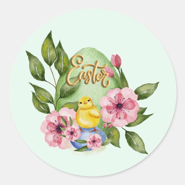 Easter Egg, Baby Chick, Pink Spring Flowers Classic Round Sticker (Front)