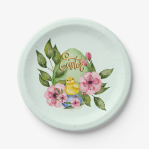 Easter Egg, Baby Chick, Pink Spring Flowers Paper Plate