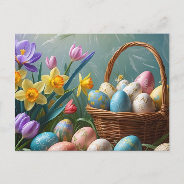 Easter Egg Basket and Spring Flowers Holiday Postcard (Front)