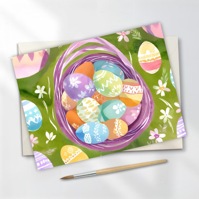 Easter Egg Basket | Spring Pastel Watercolor Holiday Postcard (Creator Uploaded)