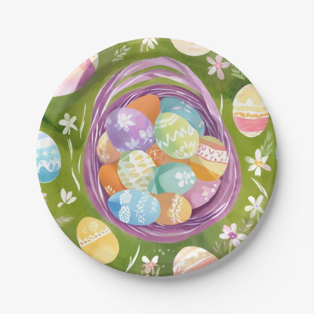Easter Egg Basket | Spring Pastel Watercolor Paper Plate (Front)