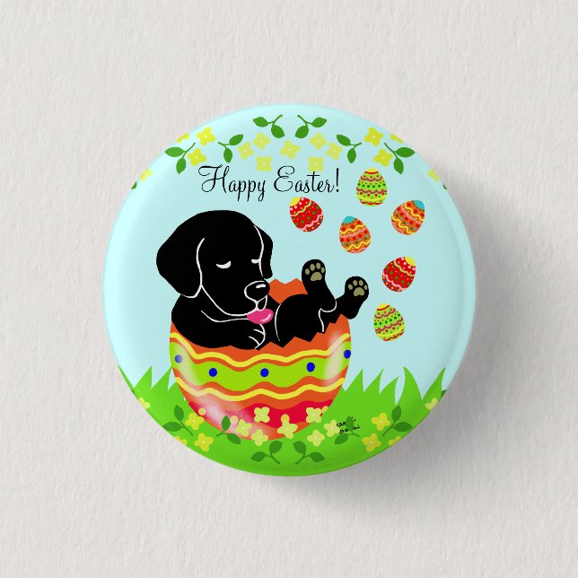Easter Egg Black Labrador Puppy Cartoon 1 Inch Round Button (Front)