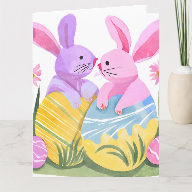 Easter Egg Bunnies | Pastel Watercolor Card (Front)