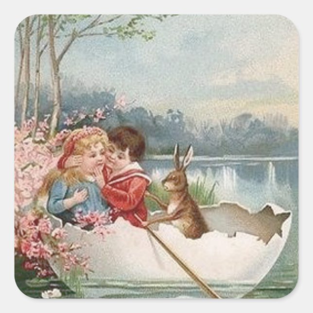 Easter Egg Bunny Boat Young Couple Landscape Square Sticker (Front)