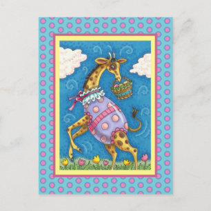 EASTER EGG GIRAFFE & SPRING TULIPS Cute Holiday Postcard