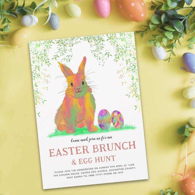 Easter Egg Hunt Brunch Colourful Cute Bunny & Eggs Invitation Postcard (Easter egg hunt spring brunch watercolor cute bunny and eggs garden party postcard invitation)