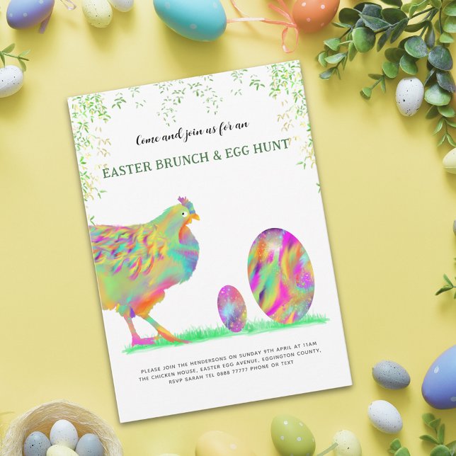 Easter Egg Hunt Brunch Colourful Cute Chicken Invitation Postcard (Easter egg hunt spring brunch cute colorful watercolor Hen & Eggs garden party invitation postcard)