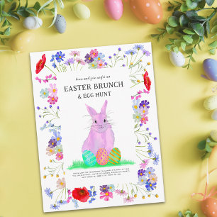 Easter Egg Hunt Brunch  Cute Pink Bunny Floral Invitation Postcard