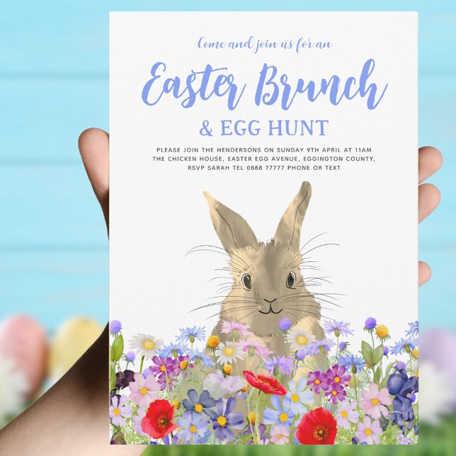 Easter Egg Hunt Brunch Cute Wildflower Bunny Invitation (Boho wildflower easter egg hunt and egg hunt invitation )