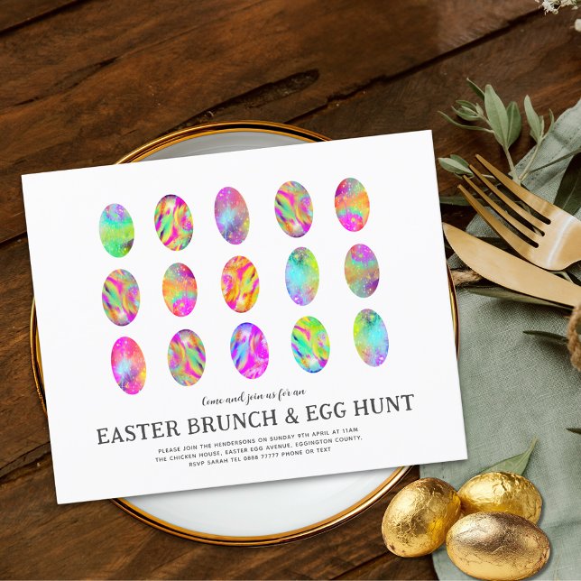 Easter Egg Hunt Brunch Watercolor modern blue Invitation (Modern Easter egg hunt spring brunch colorful watercolor simple stylish party invitation)