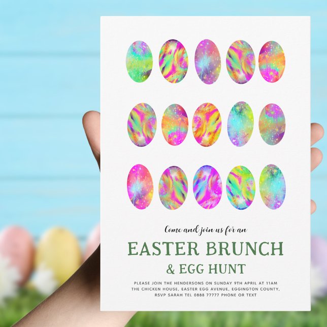 Easter Egg Hunt Brunch Watercolor modern Invitation (Trendy Easter brunch and egg hunt invitation colorful arty Easter egg pattern)