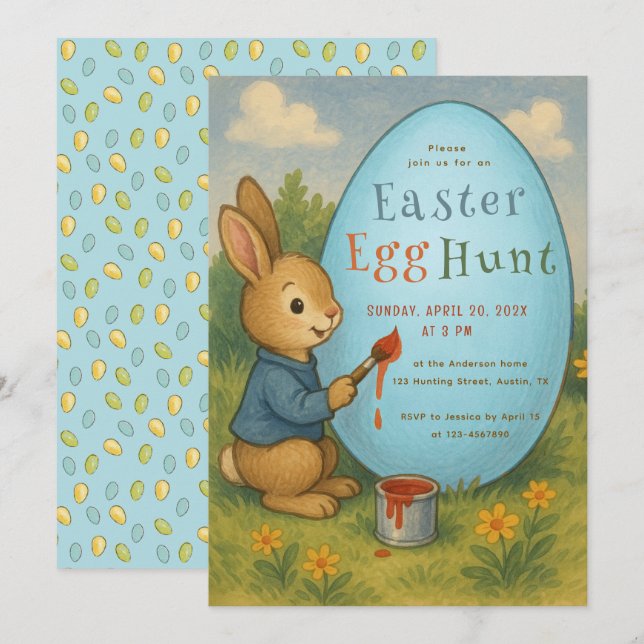 Easter Egg Hunt Bunny Cute Rabbit Paints Blue Egg Invitation (Front/Back)