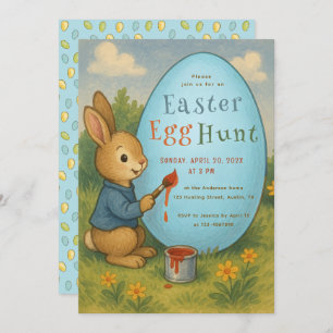 Easter Egg Hunt Bunny Cute Rabbit Paints Blue Egg Invitation