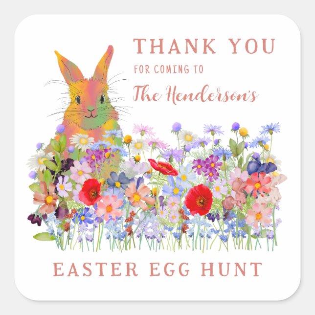 Easter Egg Hunt Bunny Wildflower Thank You Square Sticker (Front)