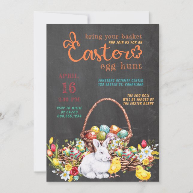 Easter Egg Hunt Colourful Typography on Chalkboard Invitation (Front)