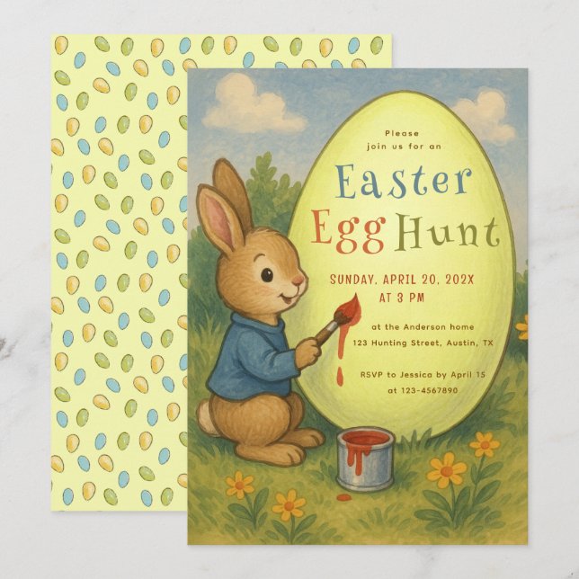 Easter Egg Hunt Cute Bunny Rabbit Painting Yellow Invitation (Front/Back)