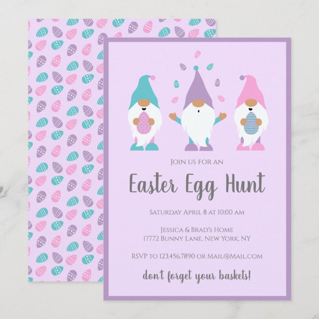 Easter Egg Hunt Gnomes Purple Invitation (Front/Back)