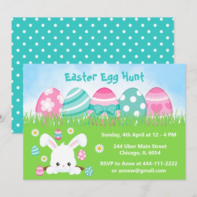 Easter Egg Hunt in Pink and Turquoise Blue Invitation (Front/Back)