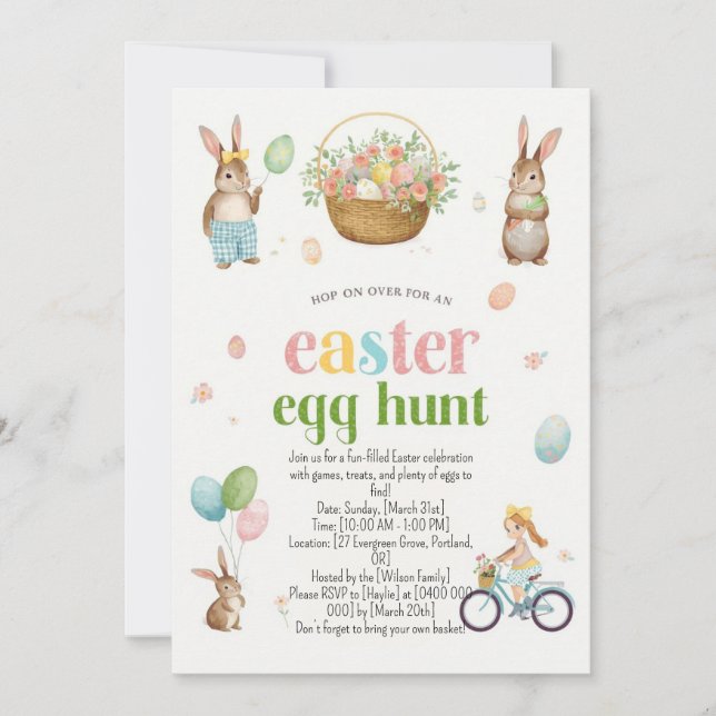 Easter Egg Hunt Invitation - Cute Bunny Watercolor (Front)