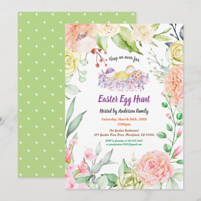 Easter egg hunt invitation. Watercolor flower Invitation (Front/Back)