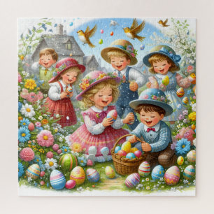 Easter Egg Hunt: Kids, Blossoms, and Colourful Egg Jigsaw Puzzle