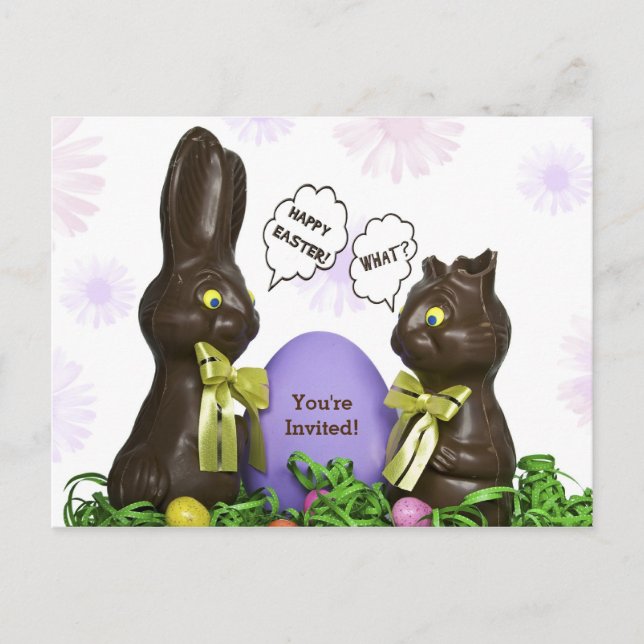 Easter Egg Hunt Party Invite with chocolate bunny (Front)