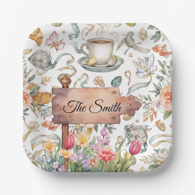 Easter Egg Hunt Party with Family Name Paper Plate (Front)