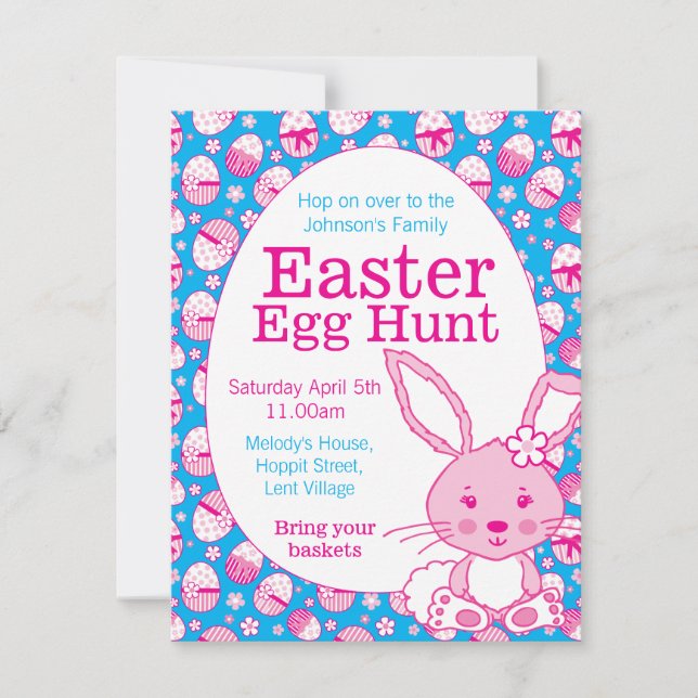 Easter egg hunt pink blue bunny invitations (Front)