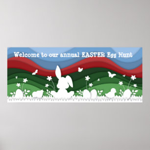 Easter egg hunt sign, cute animals banner poster