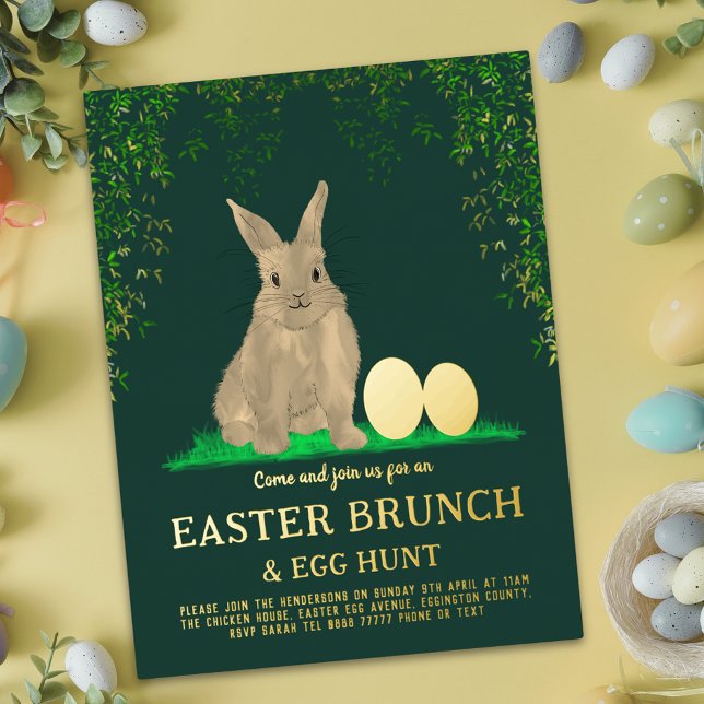 Easter Egg Hunt Spring Brunch Cute Bunny Eggs Gold (Easter egg hunt spring brunch cute bunny watercolor golden eggs green and gold foil party invitation)