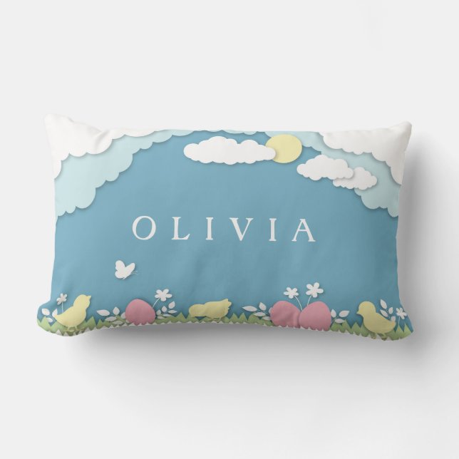 Easter egg hunt, spring holidays papercut name lumbar pillow (Front)