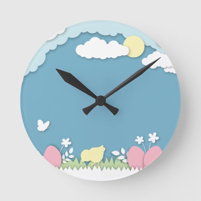 Easter egg hunt, spring holidays papercut nature round clock (Front)
