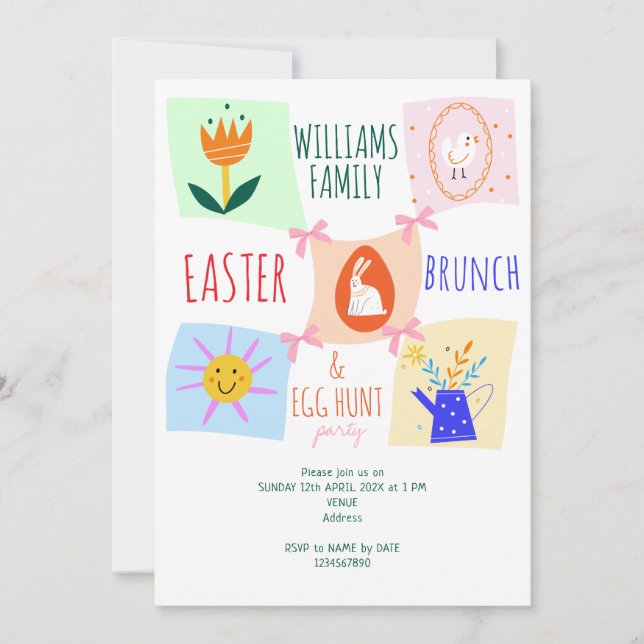 Easter Egg Hunt Wavy Chequerboard Bunny Brunch Bow Invitation (Front)