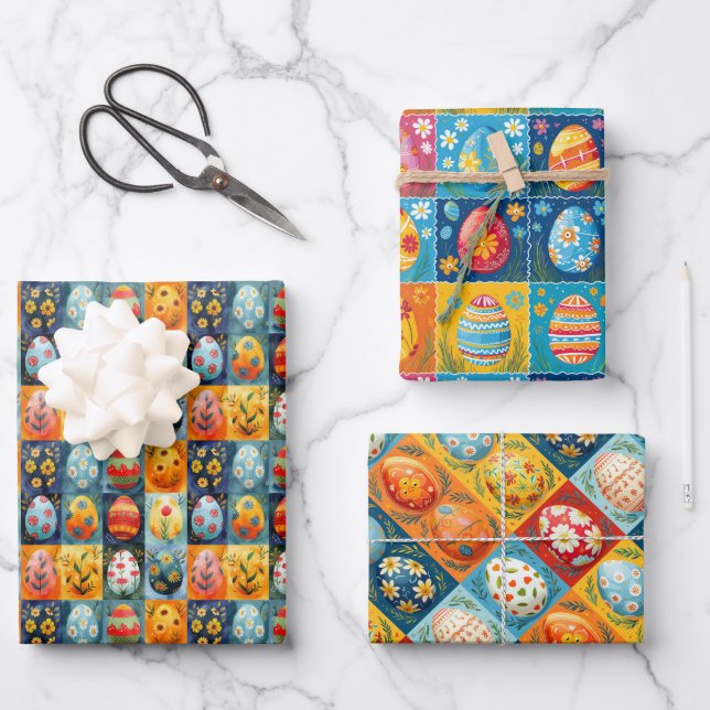 Easter Egg Patchwork: Colourful Holiday Art Wrapping Paper Sheet (Front)