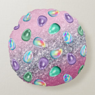 Easter Egg Pink Purple Tie Dye Glitter Glam  Round Pillow