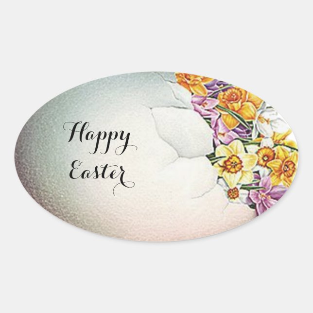 EASTER EGG WITH YELLOW NARCISSUS FLOWERS OVAL STICKER (Front)