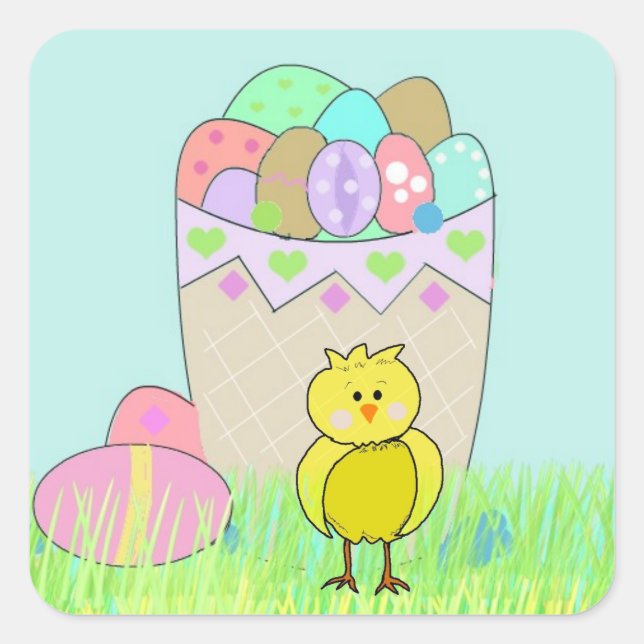 Easter Eggs and Baby Chick Square Sticker (Front)