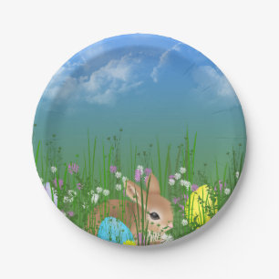 Easter eggs and bunny in grass paper plate
